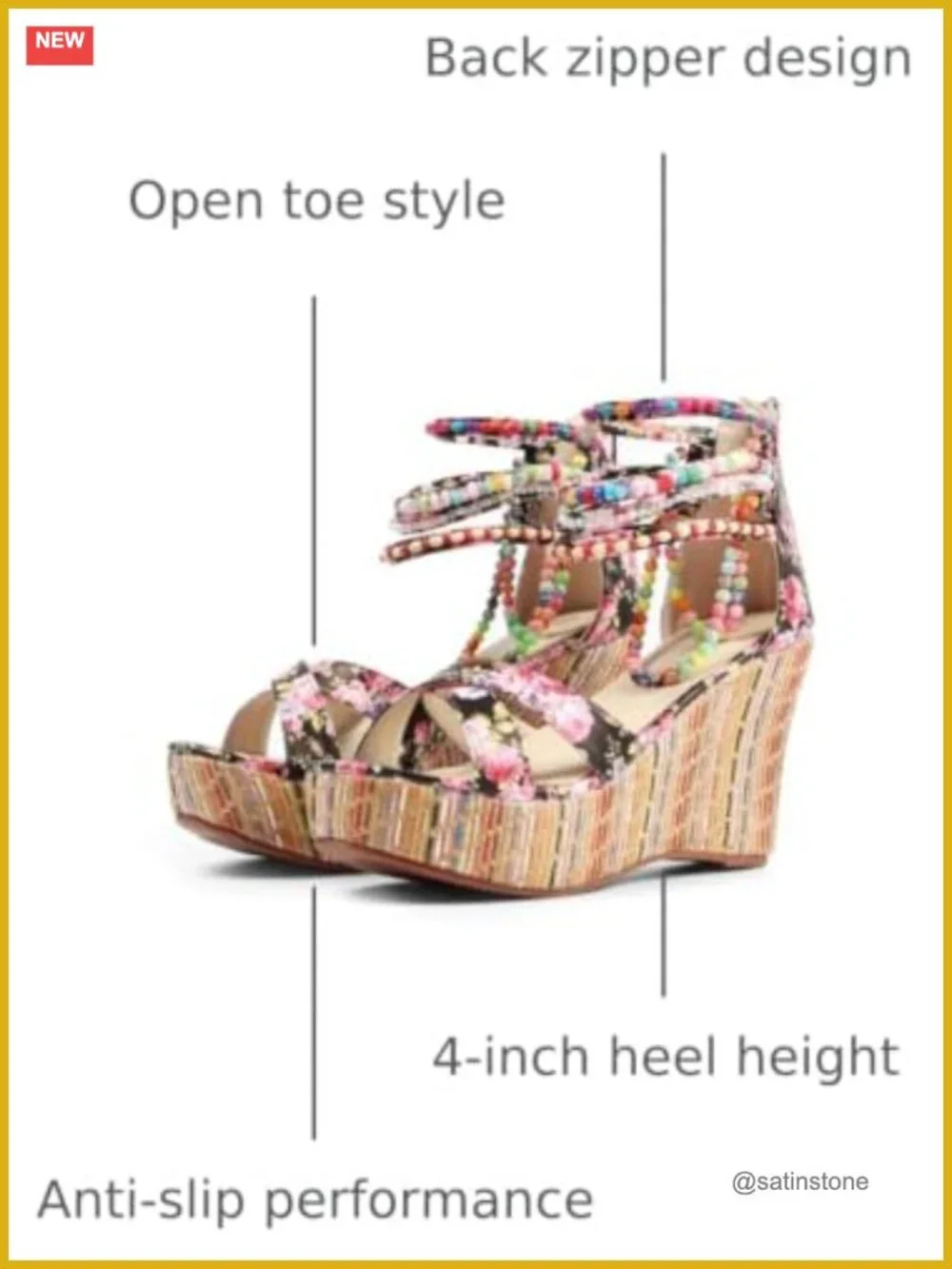 Wedge Sandals with Pearls Across Top Platform High Heels Back Zipper Open Toe